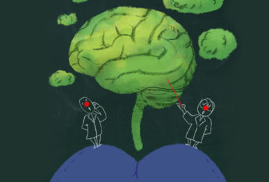 Piirroskuva, jossa klovni osoittaa karttakepillä aivojen muotoista pilveä