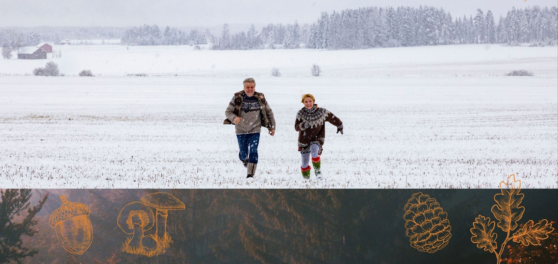 Mies ja nainen juoksevat katsojaa kohti lumisella pellolla, alla syksyistä kuvitusta