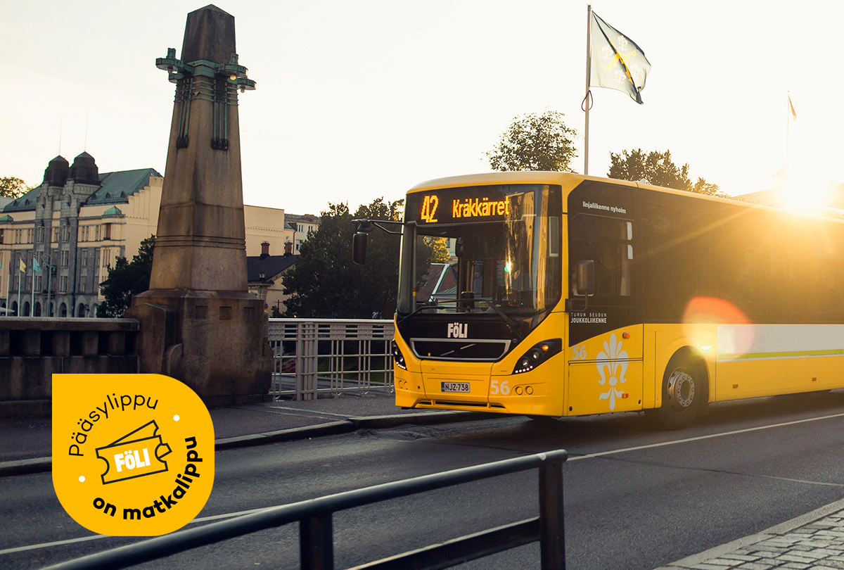 valokuva keltaisesta bussista sillalla ja Föli-logo